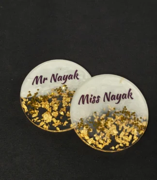 ALT: custom pearl white golden name coaster